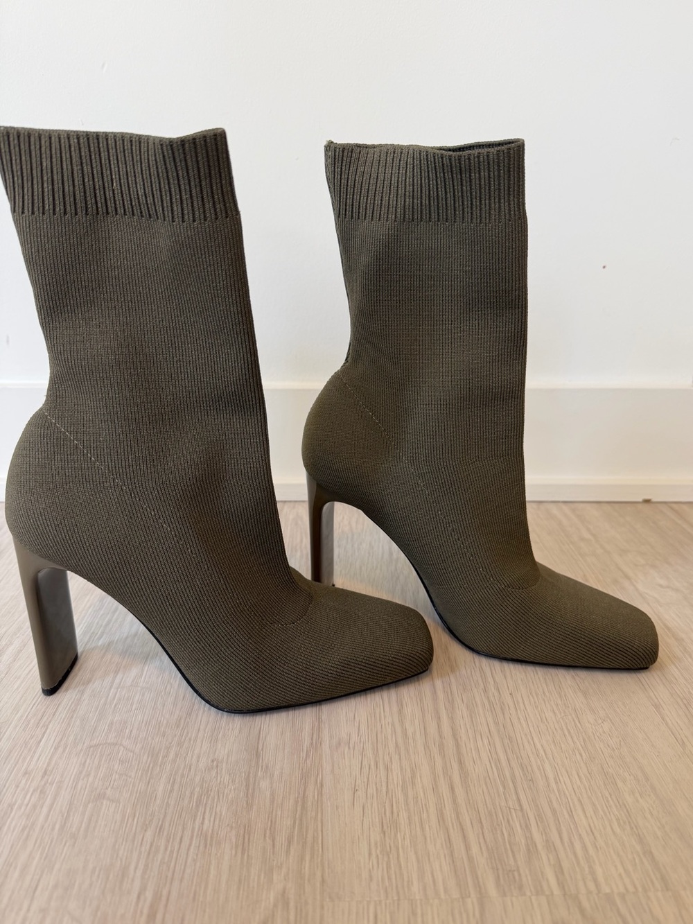 Zara Stretch-Knit Sock Boot in Olive Green - Women's High Heel Ankle Boot size 7